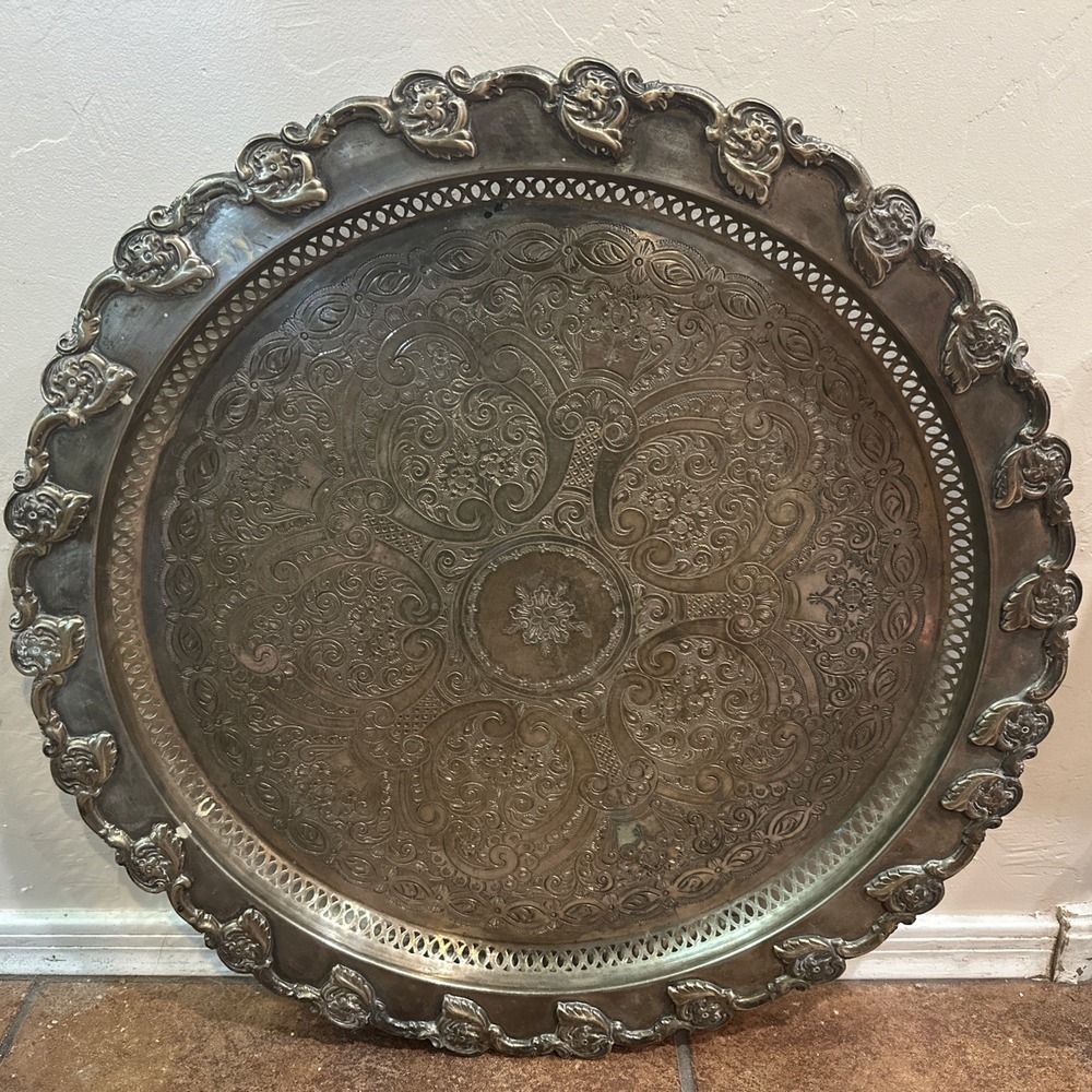 Antique Moroccan Style Hand Hammered 21.5" Tray The RoseSilver Plated